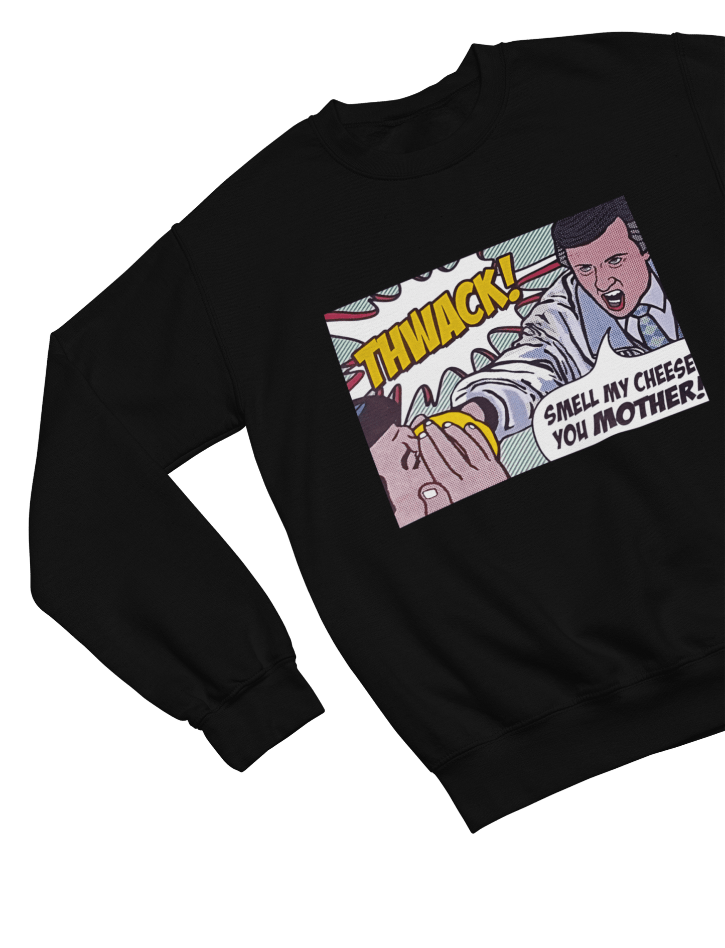Blue t-shirt with Alan Partridge Smell My Cheese Sweatshirt Parody Jumper wall display