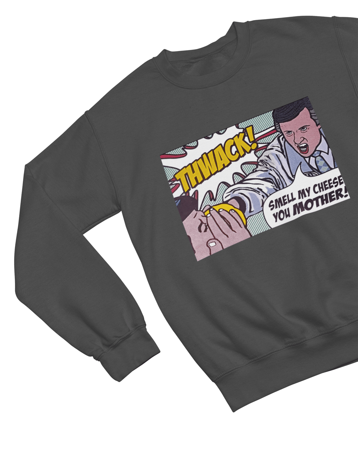 Red t-shirt with Alan Partridge Smell My Cheese Sweatshirt Parody Jumper close-up