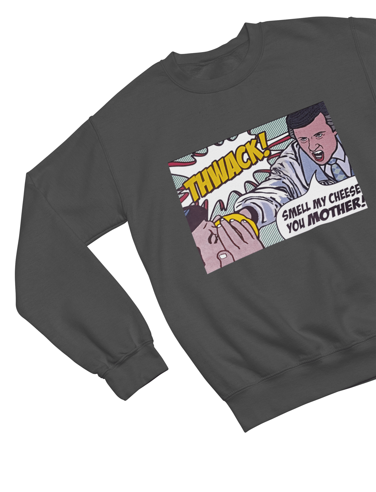 Red t-shirt with Alan Partridge Smell My Cheese Sweatshirt Parody Jumper close-up