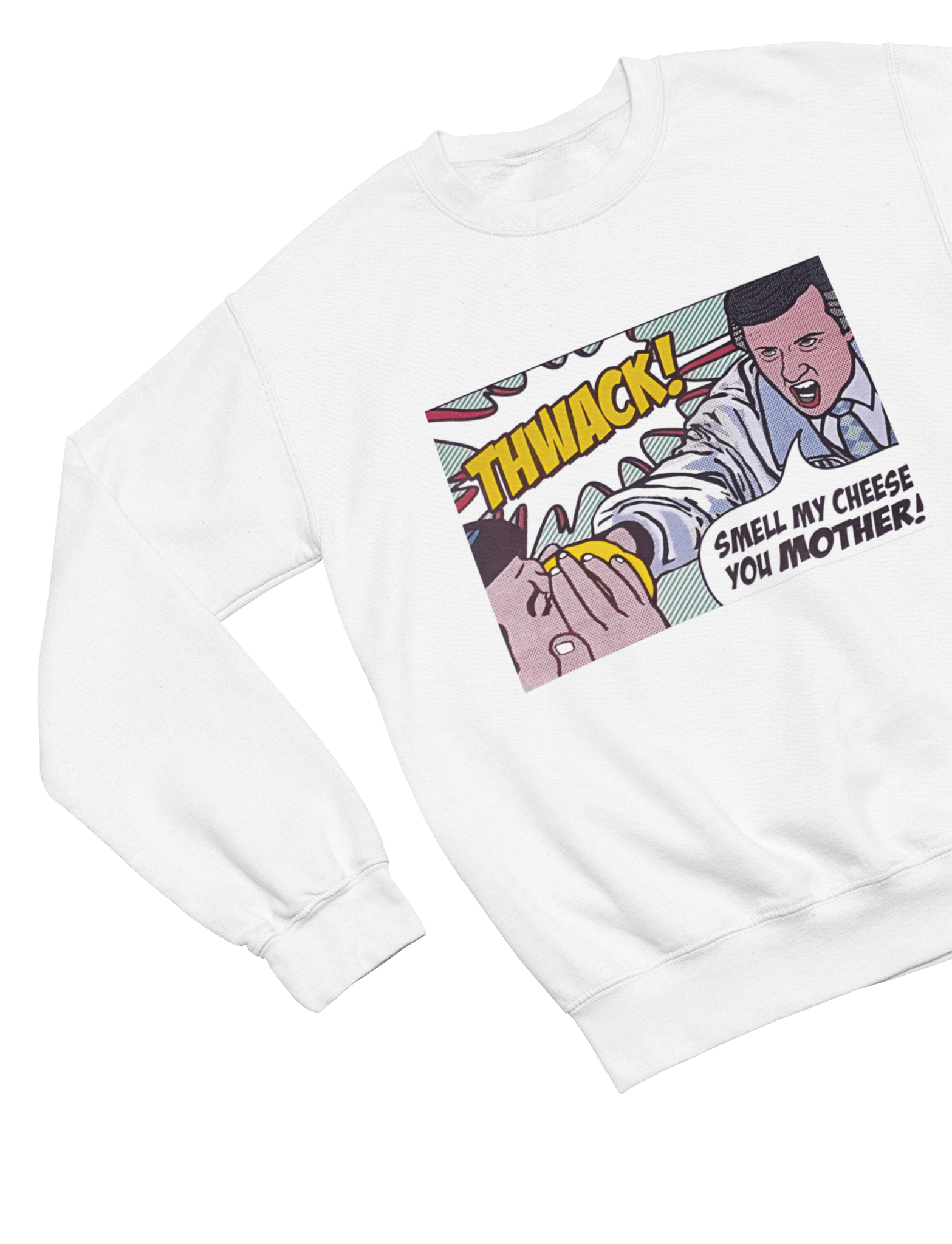 White t-shirt with Alan Partridge Smell My Cheese Sweatshirt Parody Jumper close-up