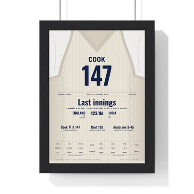 Alastair Cook The Oval 2018 Cricket Poster - 147 Final Test Jumper Print framed in a black frame, ready to hang
