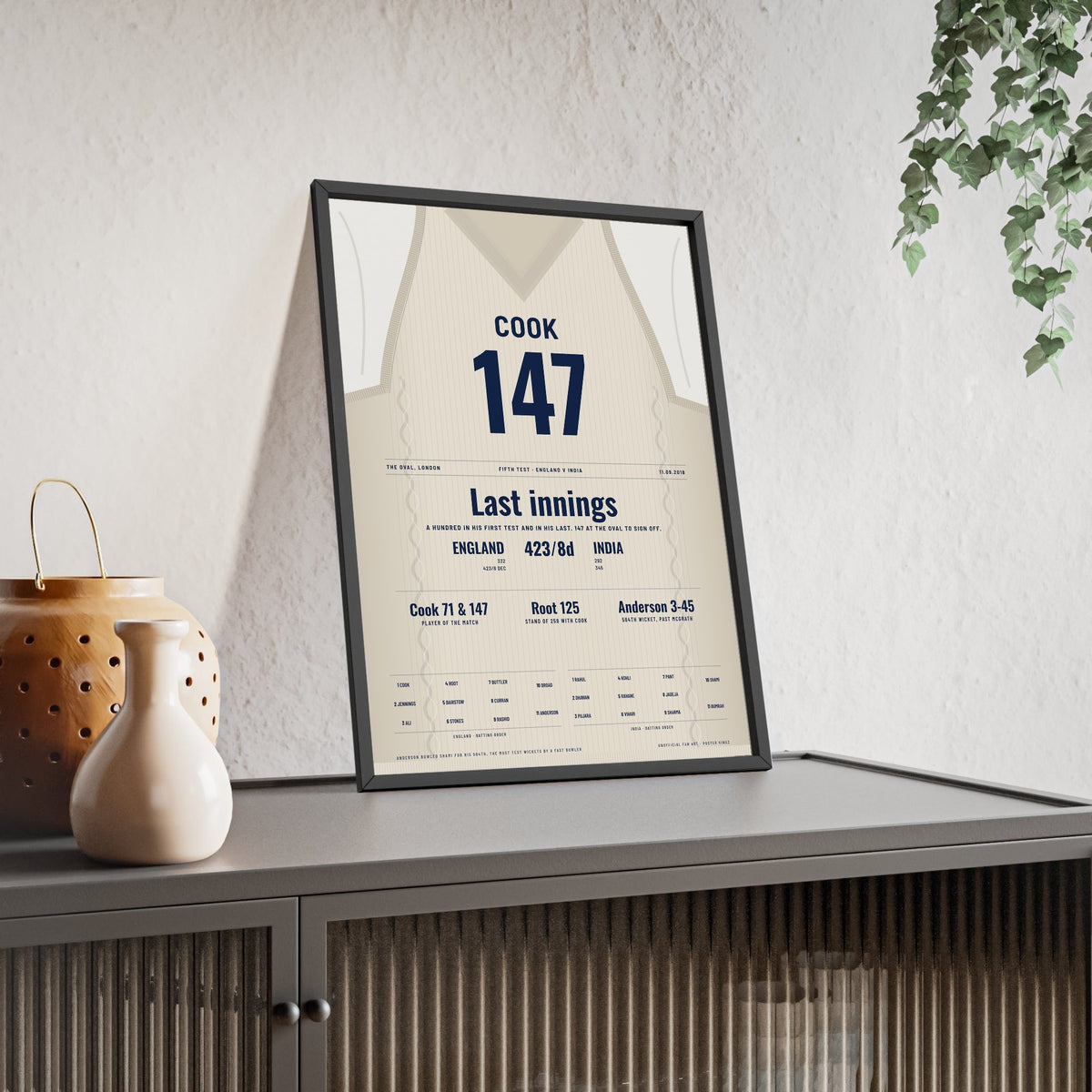 Alastair Cook The Oval 2018 Cricket Poster - 147 Final Test Jumper Print framed and leaning on a sideboard