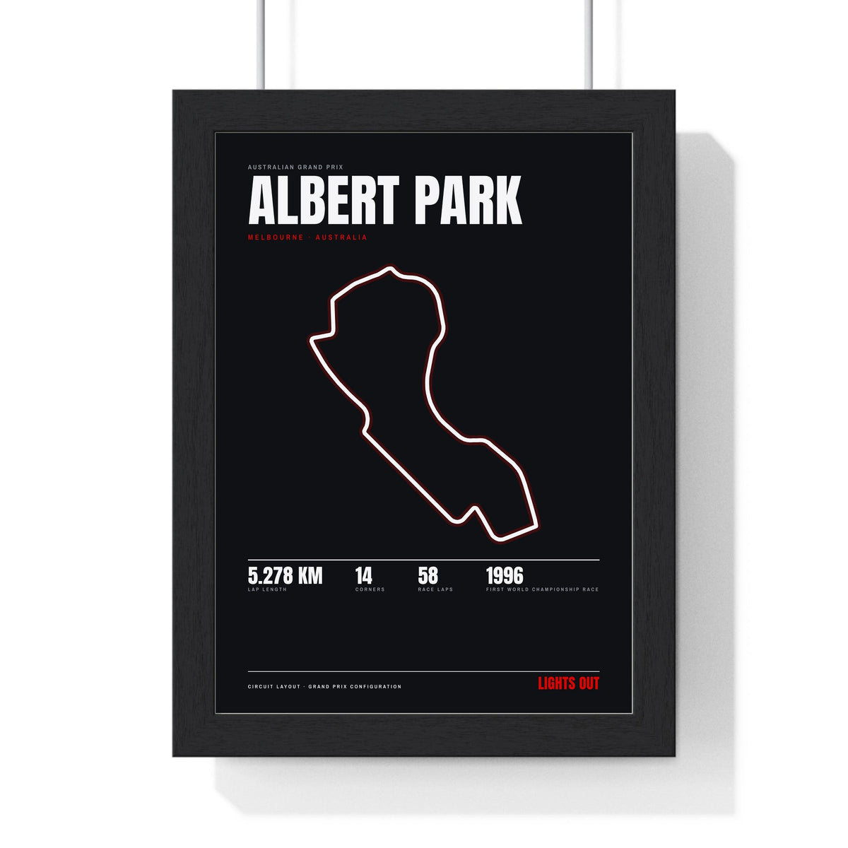 Albert Park Circuit print framed in a black frame, ready to hang