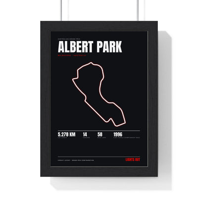 Albert Park Circuit print framed in a black frame, ready to hang