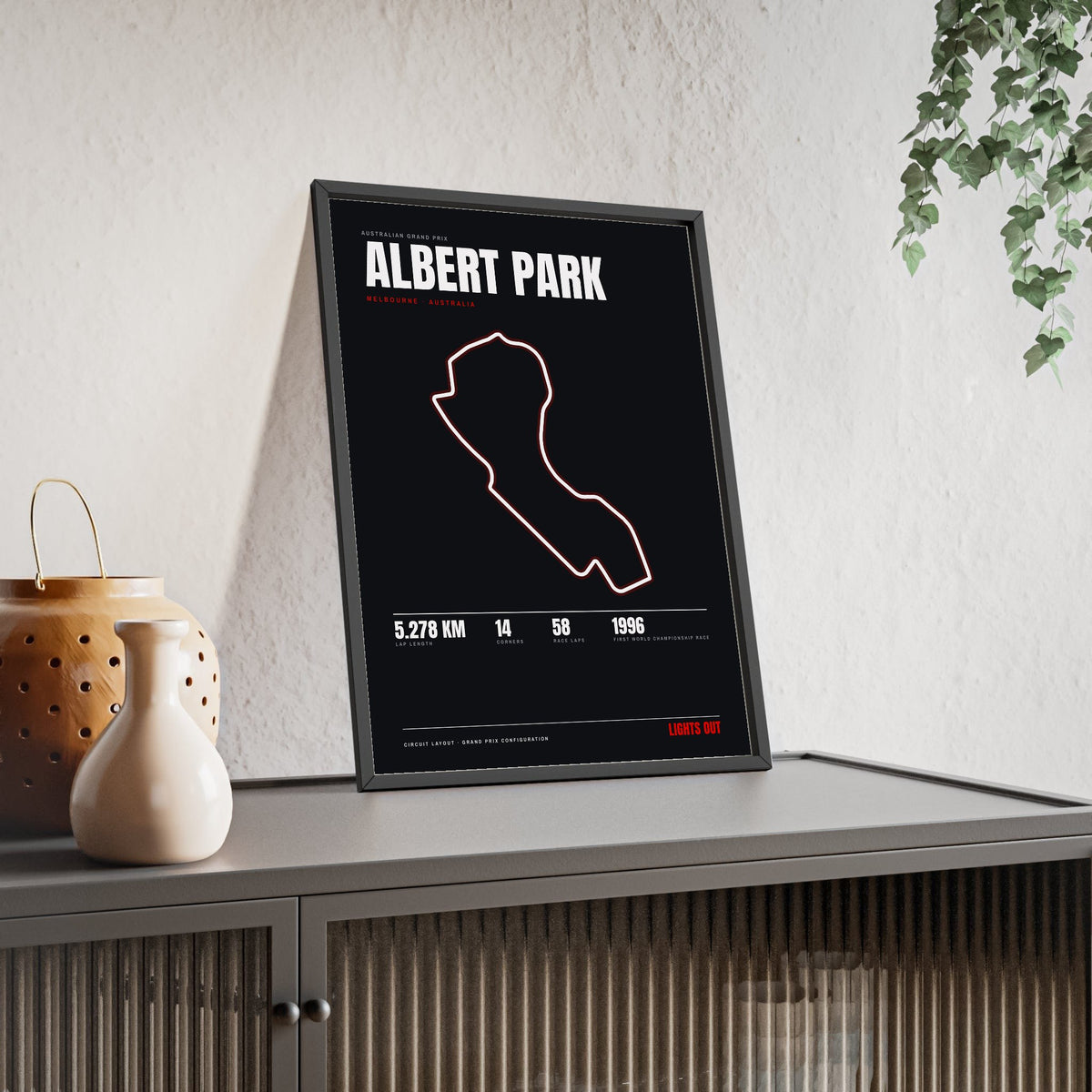 Albert Park Circuit print framed and leaning on a sideboard