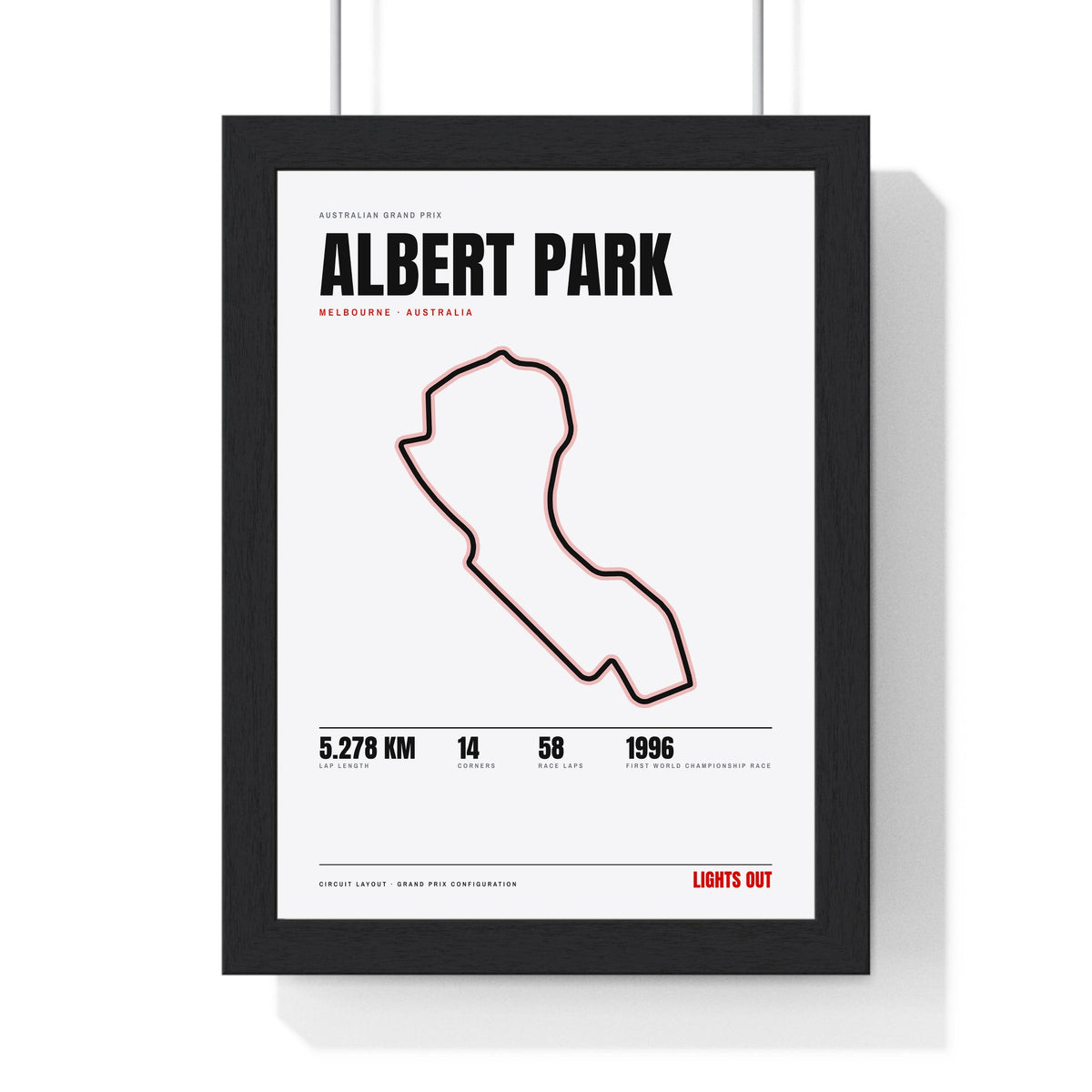 Albert Park Circuit print White framed in a black frame, ready to hang