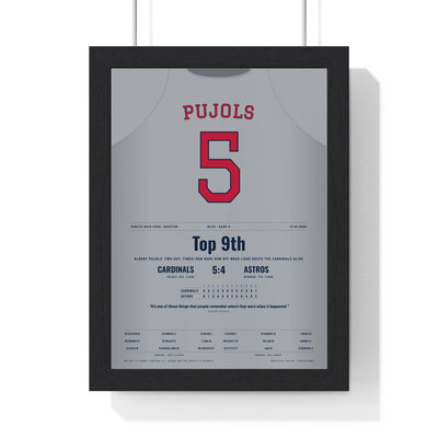 Albert Pujols 2005 NLCS Game 5 Home Run Poster - St. Louis Cardinals 5 Jersey Print framed in a black frame, ready to hang