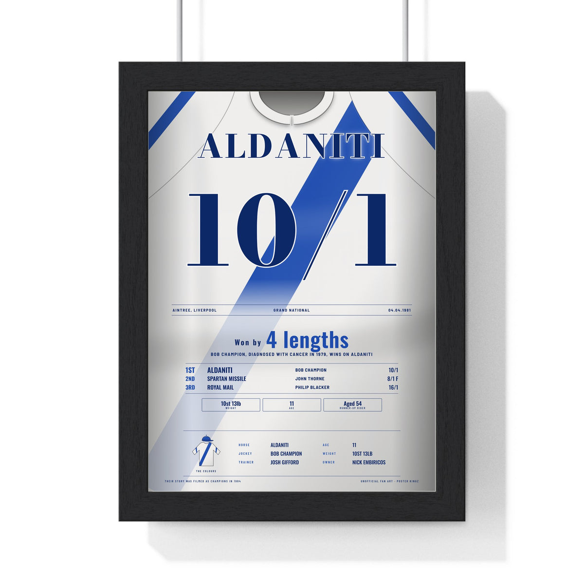 Aldaniti Grand National 1981 Horse Racing Poster - Bob Champion Silks Print framed in a black frame, ready to hang