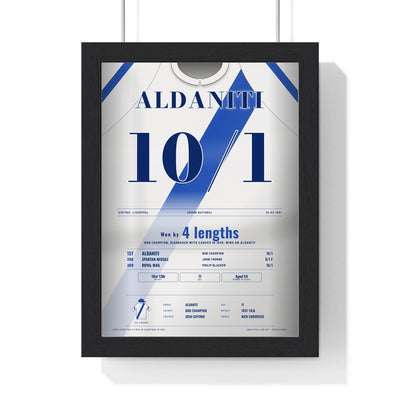 Aldaniti Grand National 1981 Horse Racing Poster - Bob Champion Silks Print framed in a black frame, ready to hang