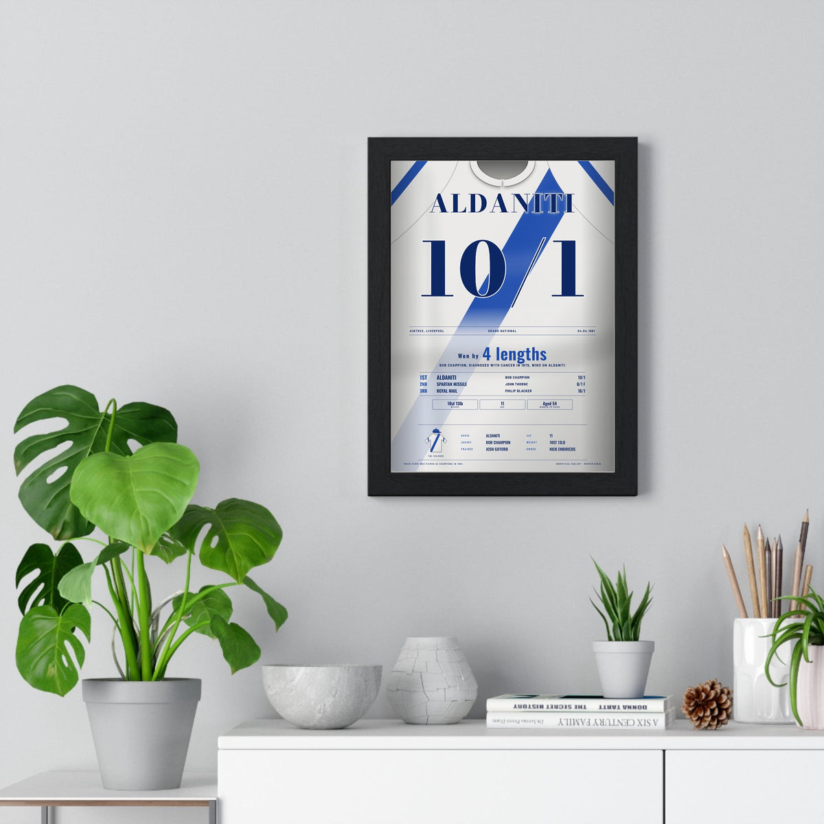 Aldaniti Grand National 1981 Horse Racing Poster - Bob Champion Silks Print framed on a living room wall