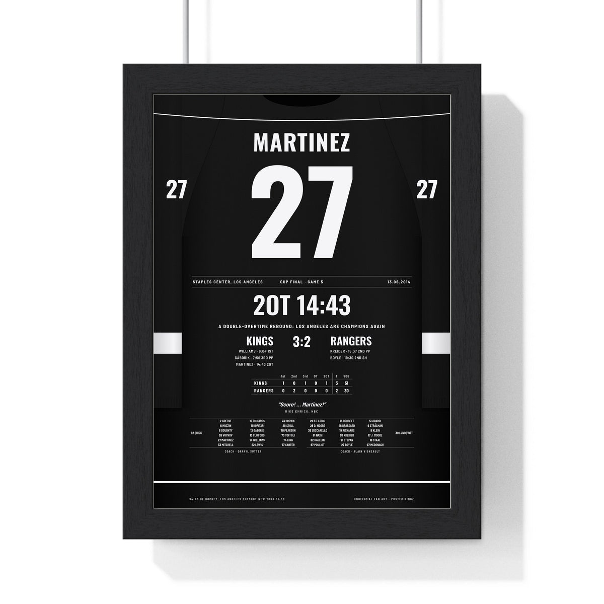 Alec Martinez 2014 Cup Final Double Overtime Winner Poster - Los Angeles Kings 27 Hockey Jersey Print framed in a black frame, ready to hang