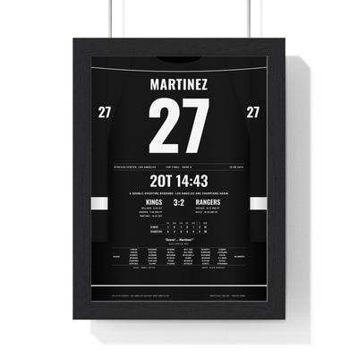 Alec Martinez 2014 Cup Final Double Overtime Winner Poster - Los Angeles Kings 27 Hockey Jersey Print framed in a black frame, ready to hang