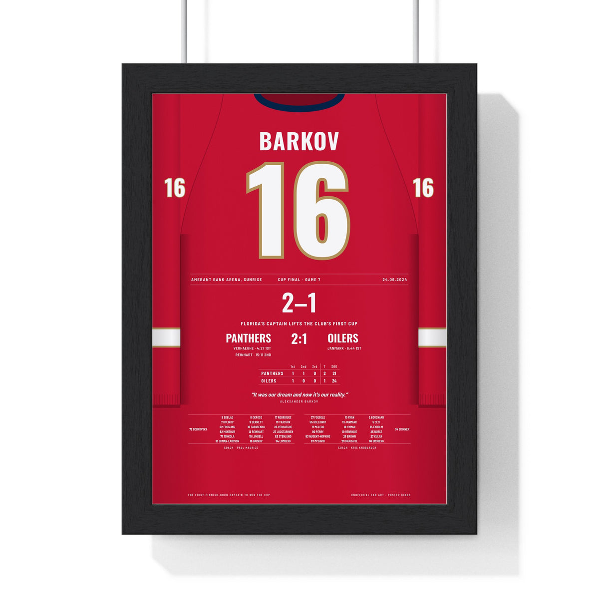 Aleksander Barkov 2024 Cup Final Game 7 Poster - Florida Panthers 16 Hockey Jersey Print framed in a black frame, ready to hang