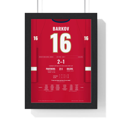 Aleksander Barkov 2024 Cup Final Game 7 Poster - Florida Panthers 16 Hockey Jersey Print framed in a black frame, ready to hang