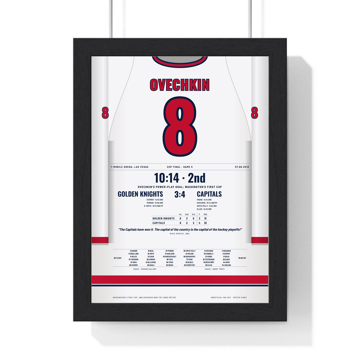 Alex Ovechkin 2018 Cup Final Game 5 Poster - Washington Capitals 8 Hockey Jersey Print framed in a black frame, ready to hang