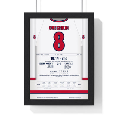 Alex Ovechkin 2018 Cup Final Game 5 Poster - Washington Capitals 8 Hockey Jersey Print framed in a black frame, ready to hang