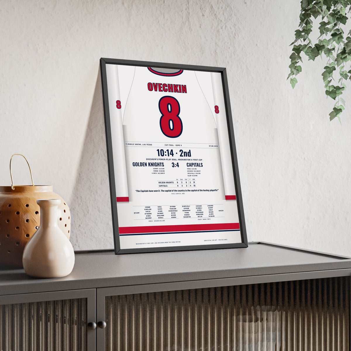 Alex Ovechkin 2018 Cup Final Game 5 Poster - Washington Capitals 8 Hockey Jersey Print framed and leaning on a sideboard