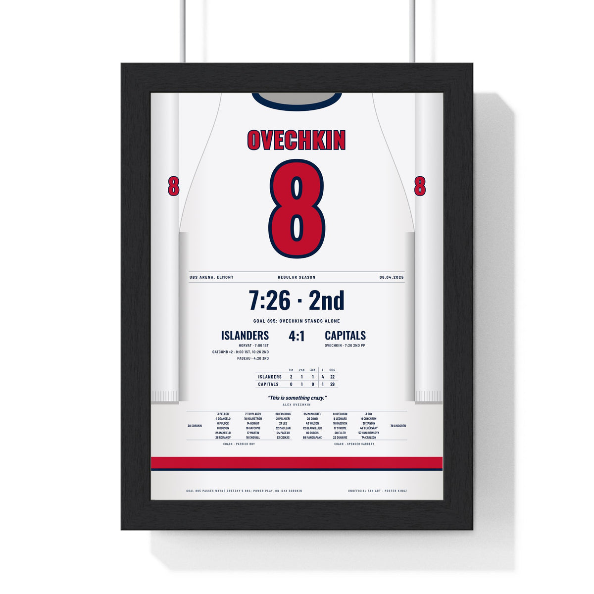 Alex Ovechkin 2025 Goal 895 Record Poster - Washington Capitals 8 Hockey Jersey Print framed in a black frame, ready to hang