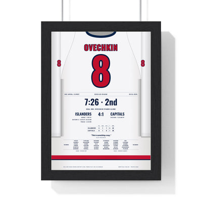 Alex Ovechkin 2025 Goal 895 Record Poster - Washington Capitals 8 Hockey Jersey Print framed in a black frame, ready to hang