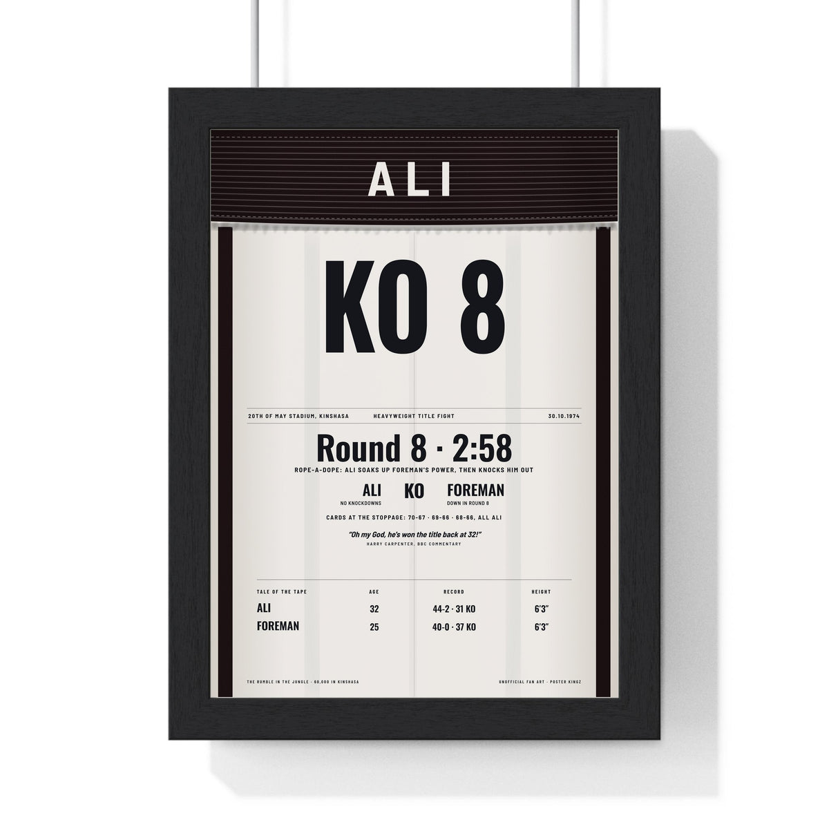 Ali v Foreman Rumble in the Jungle 1974 Boxing Poster print framed in a black frame, ready to hang