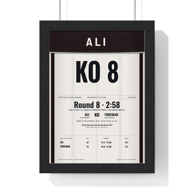 Ali v Foreman Rumble in the Jungle 1974 Boxing Poster print framed in a black frame, ready to hang