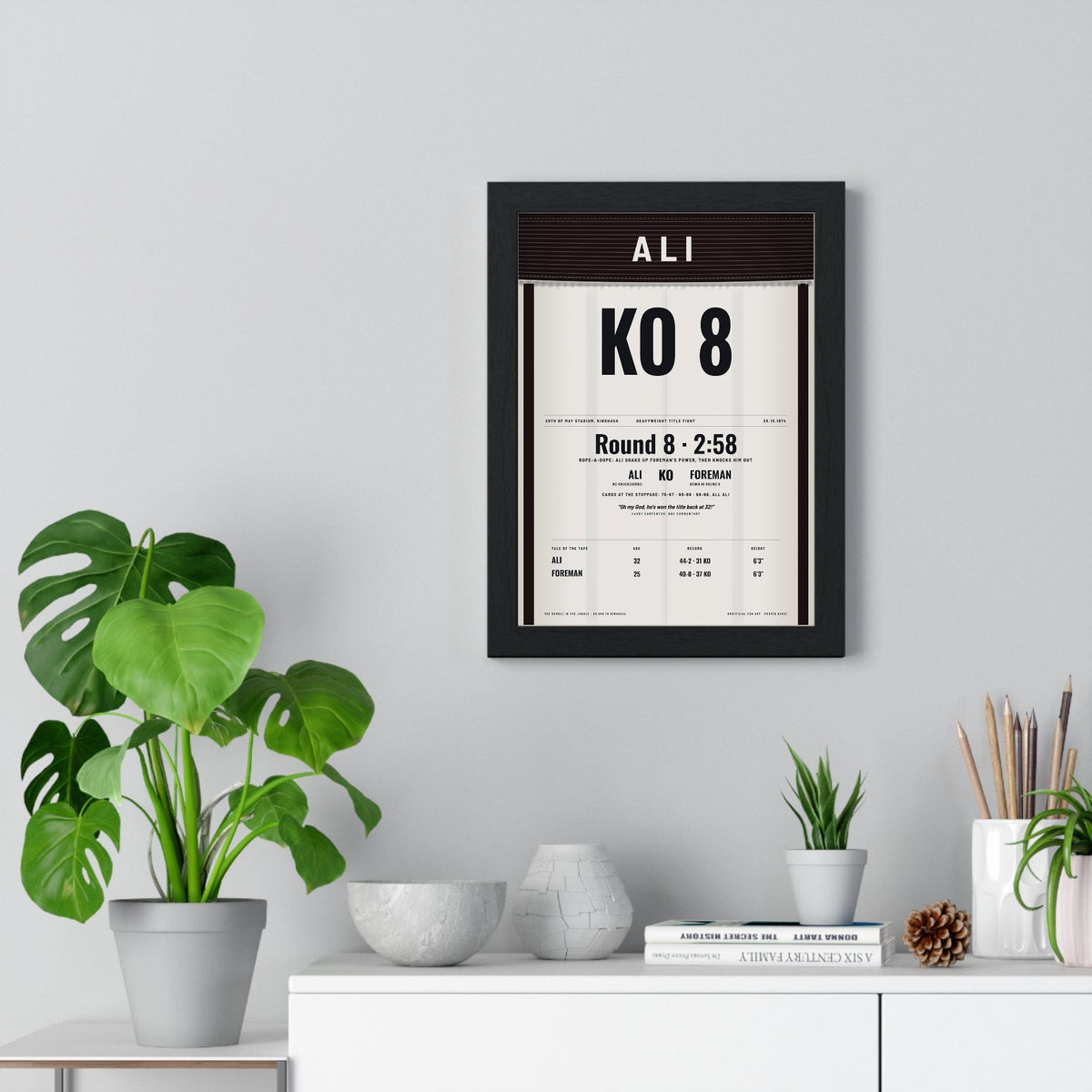 Ali v Foreman Rumble in the Jungle 1974 Boxing Poster print framed on a living room wall