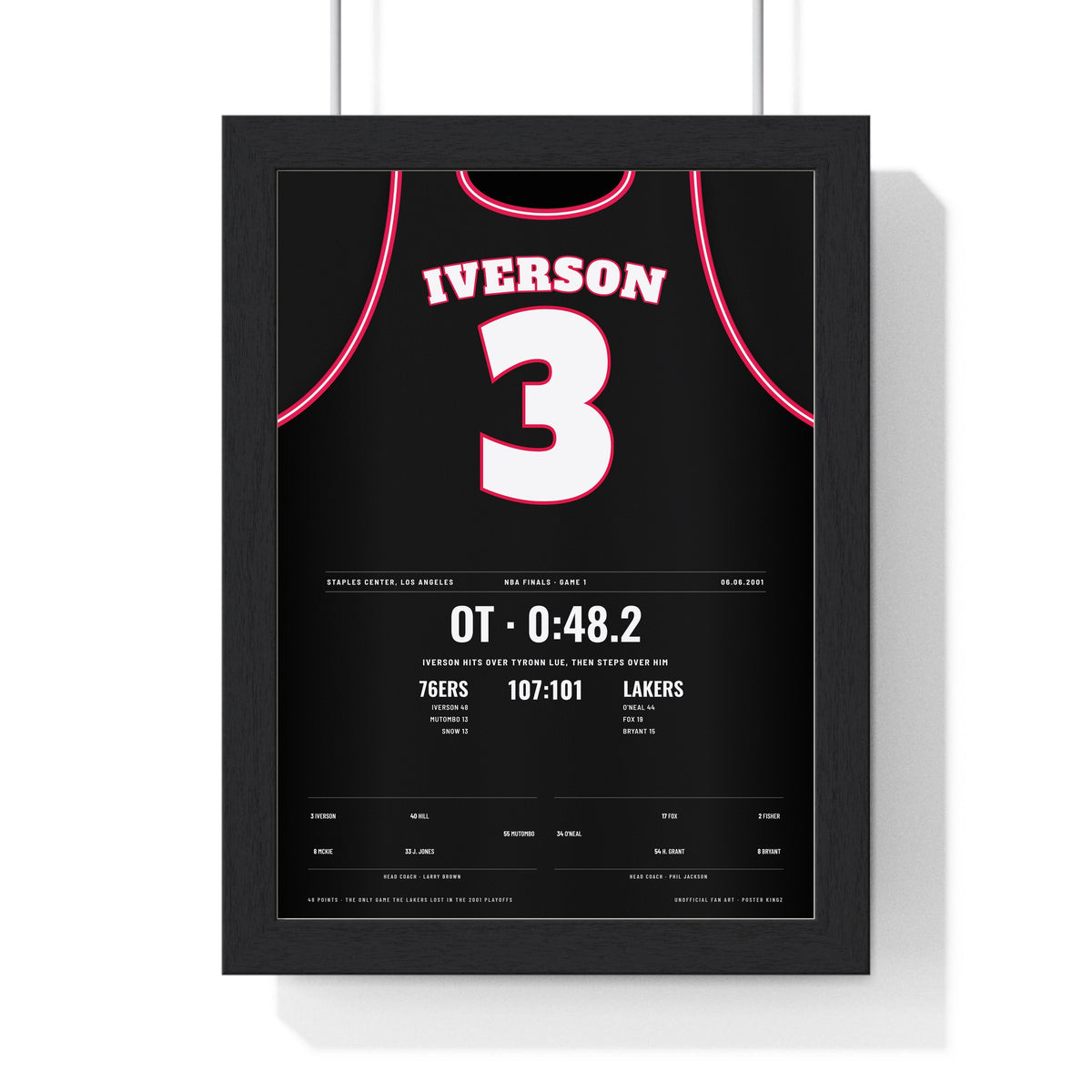 Allen Iverson 2001 NBA Finals Game 1 Poster - Philadelphia 76ers 3 Step-Over Jersey Print framed in a black frame, ready to hang