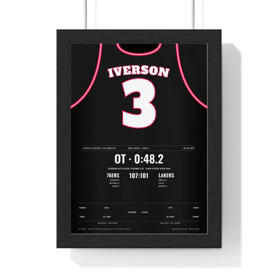 Allen Iverson 2001 NBA Finals Game 1 Poster - Philadelphia 76ers 3 Step-Over Jersey Print framed in a black frame, ready to hang