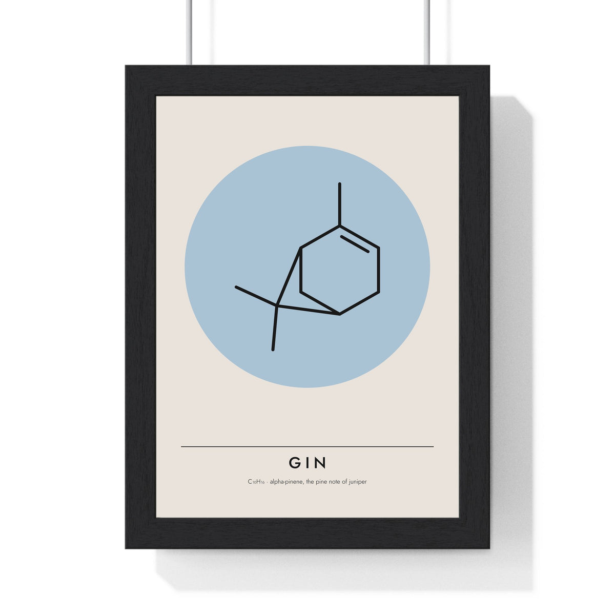 Alpha-Pinene Molecule print framed in a black frame, ready to hang