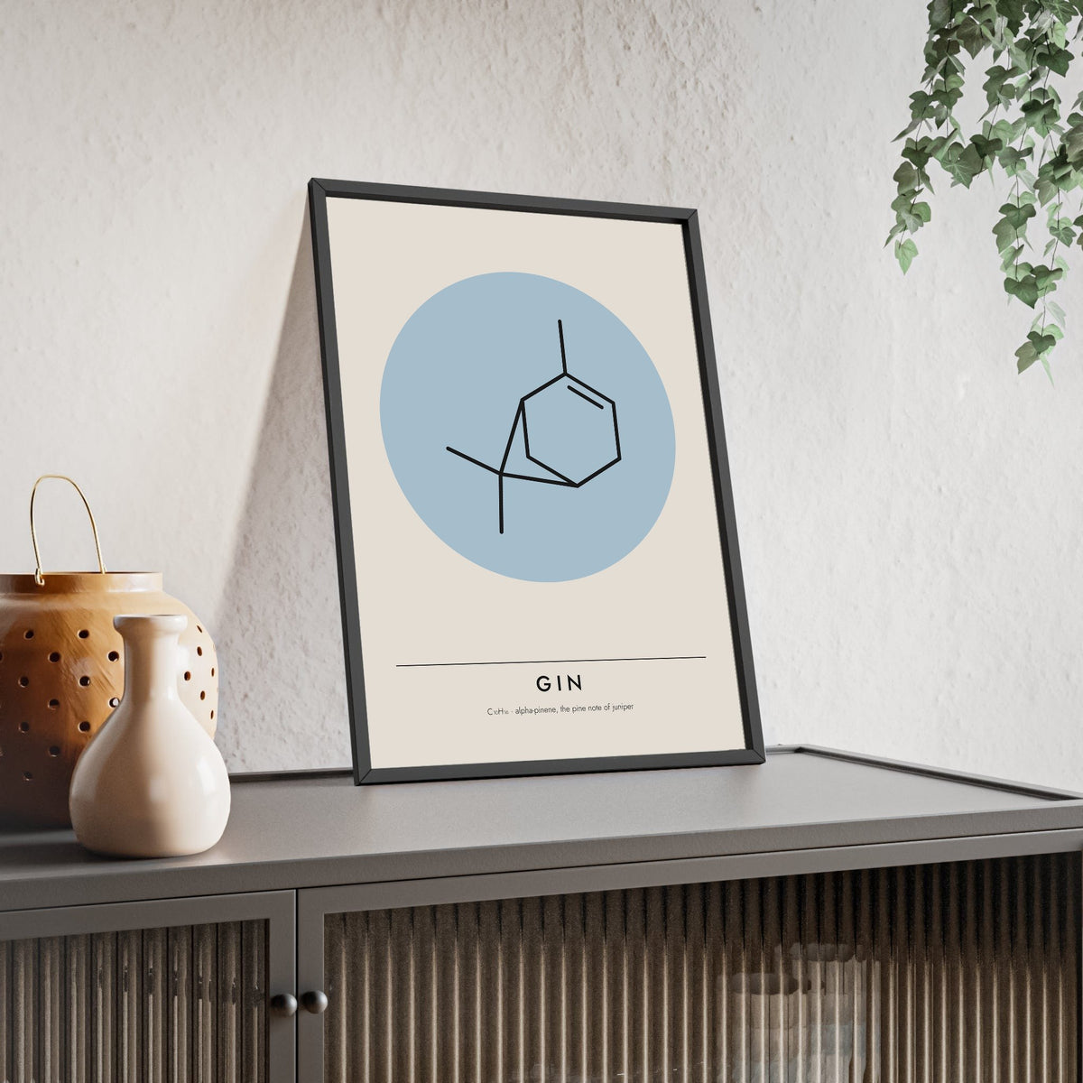 Alpha-Pinene Molecule print framed and leaning on a sideboard