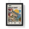 Amalfi Coast Mid Century Travel print framed in a black frame, ready to hang