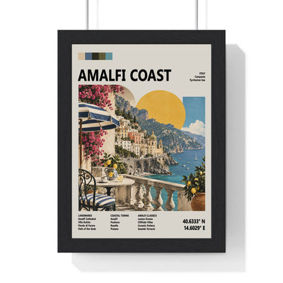 Amalfi Coast Mid Century Travel print framed in a black frame, ready to hang