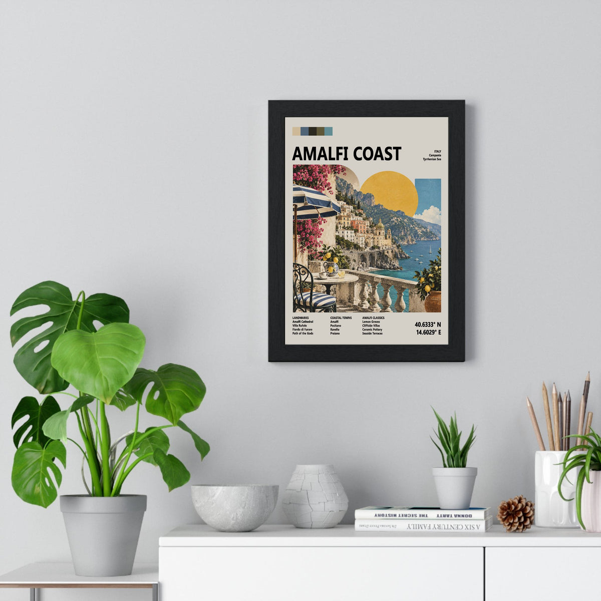 Amalfi Coast Mid Century Travel print framed on a living room wall