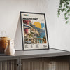 Amalfi Coast Mid Century Travel print framed and leaning on a sideboard