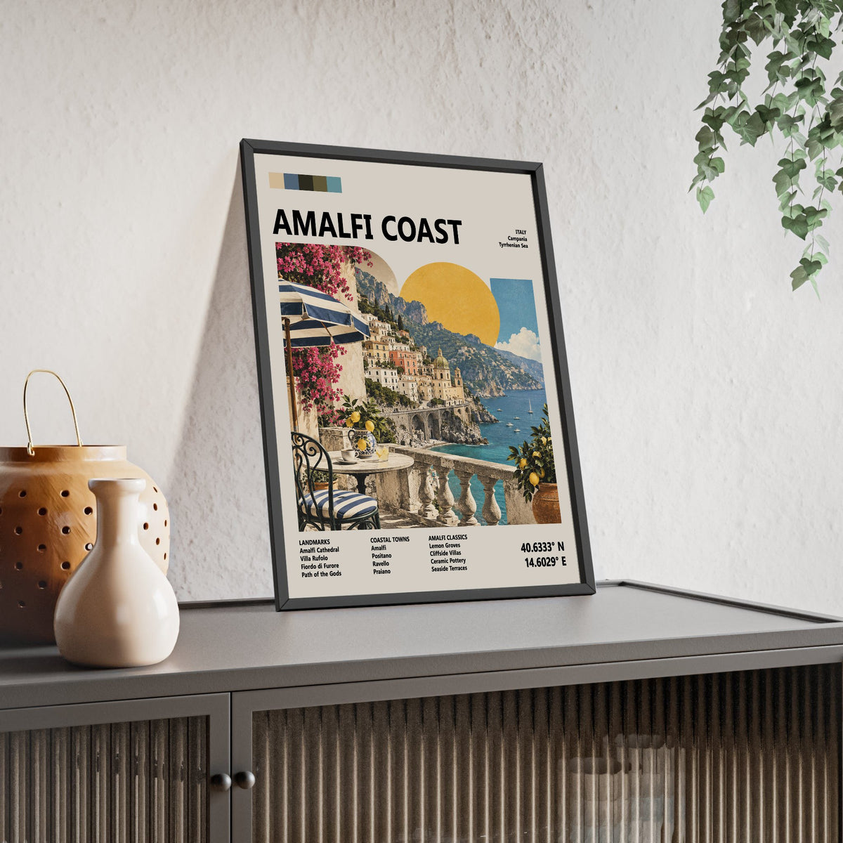 Amalfi Coast Mid Century Travel print framed and leaning on a sideboard