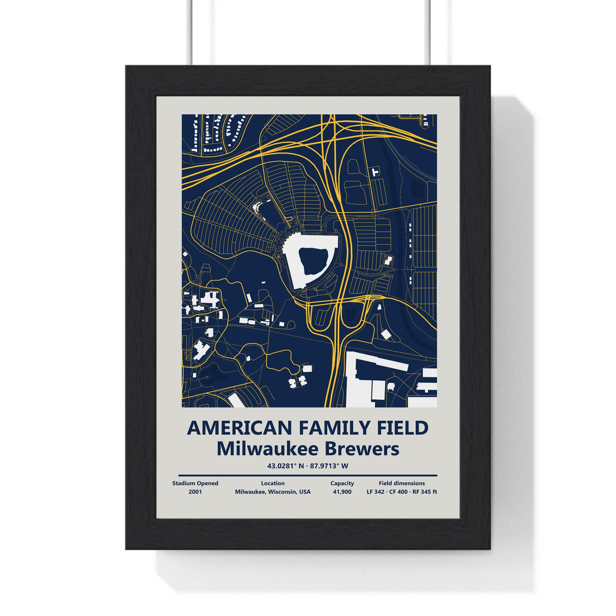 American Family Field map print framed in a black frame, ready to hang