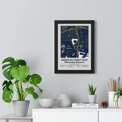 American Family Field map print framed on a living room wall