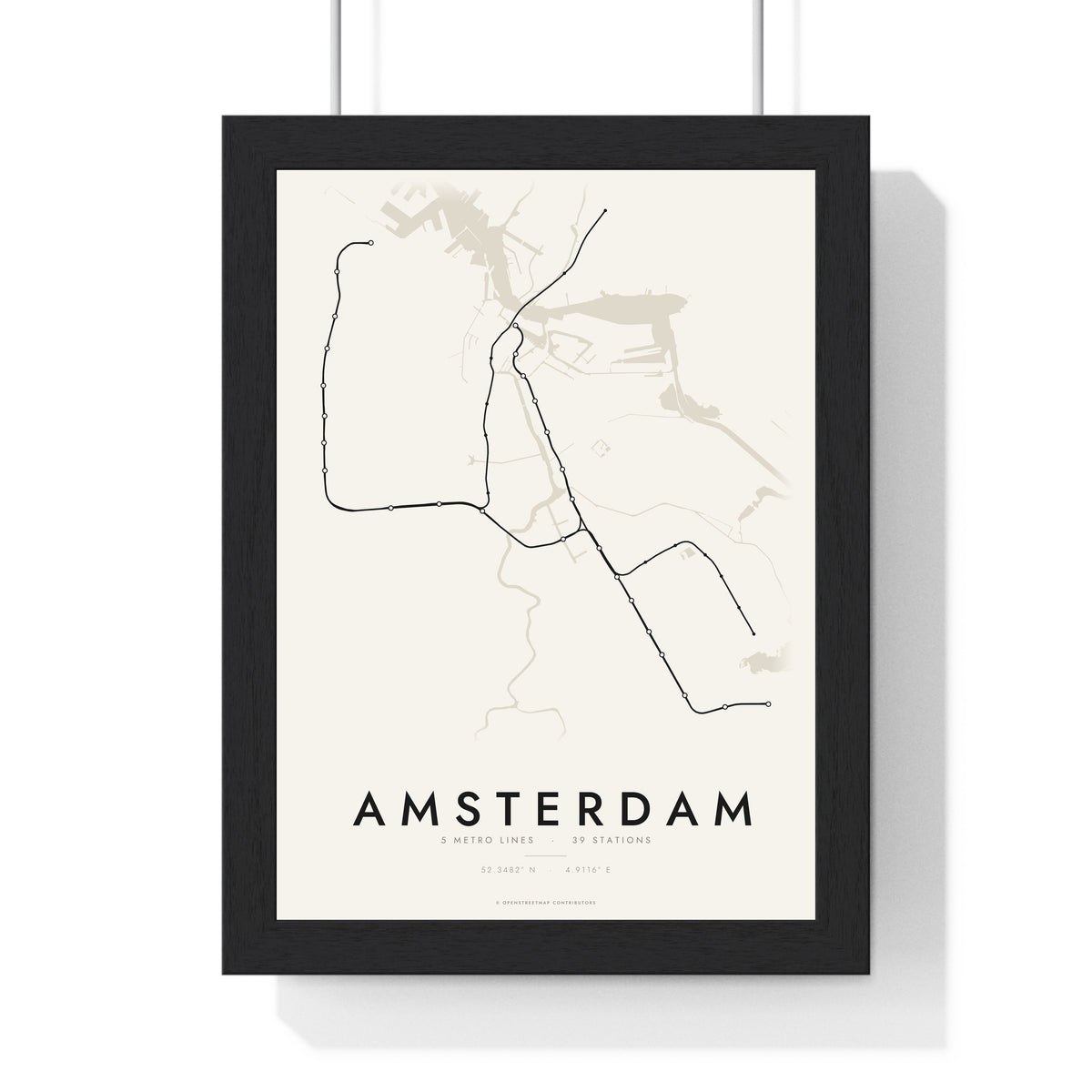 Amsterdam Metro Map Print - framed minimal Amsterdam metro lines map print, black lines on cream paper