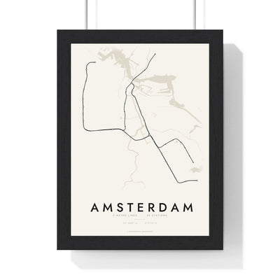 Amsterdam Metro Map Print - framed minimal Amsterdam metro lines map print, black lines on cream paper