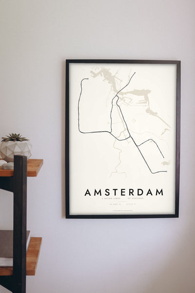 Amsterdam Metro Map Print - Amsterdam metro lines map print on the living room wall