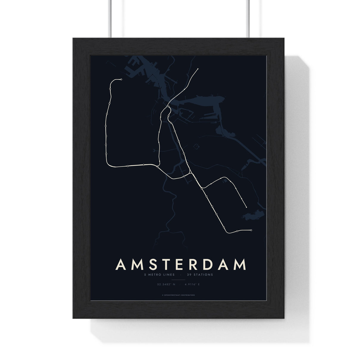 Amsterdam Metro Map Print - framed night style Amsterdam metro lines print