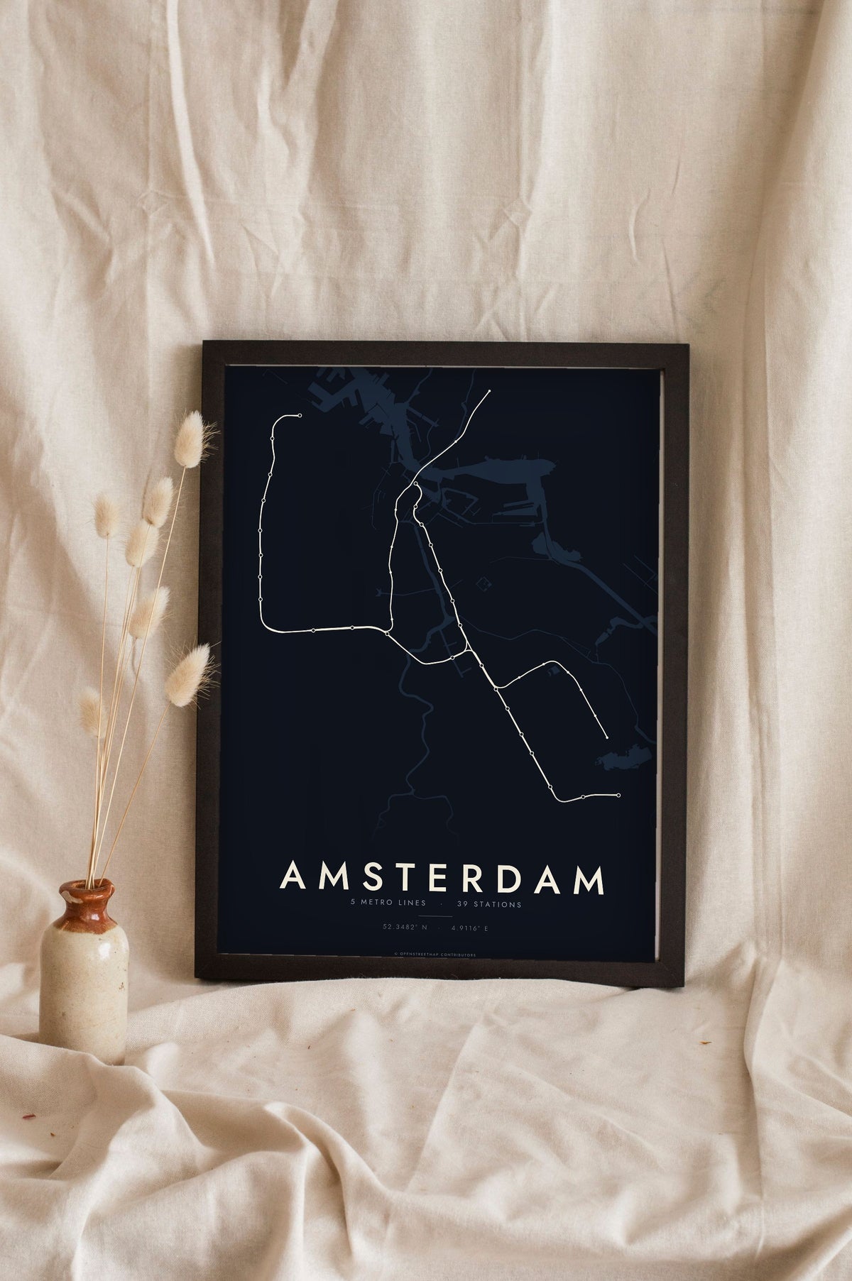 Amsterdam Metro Map Print - night style Amsterdam metro map print, light lines on a dark ground