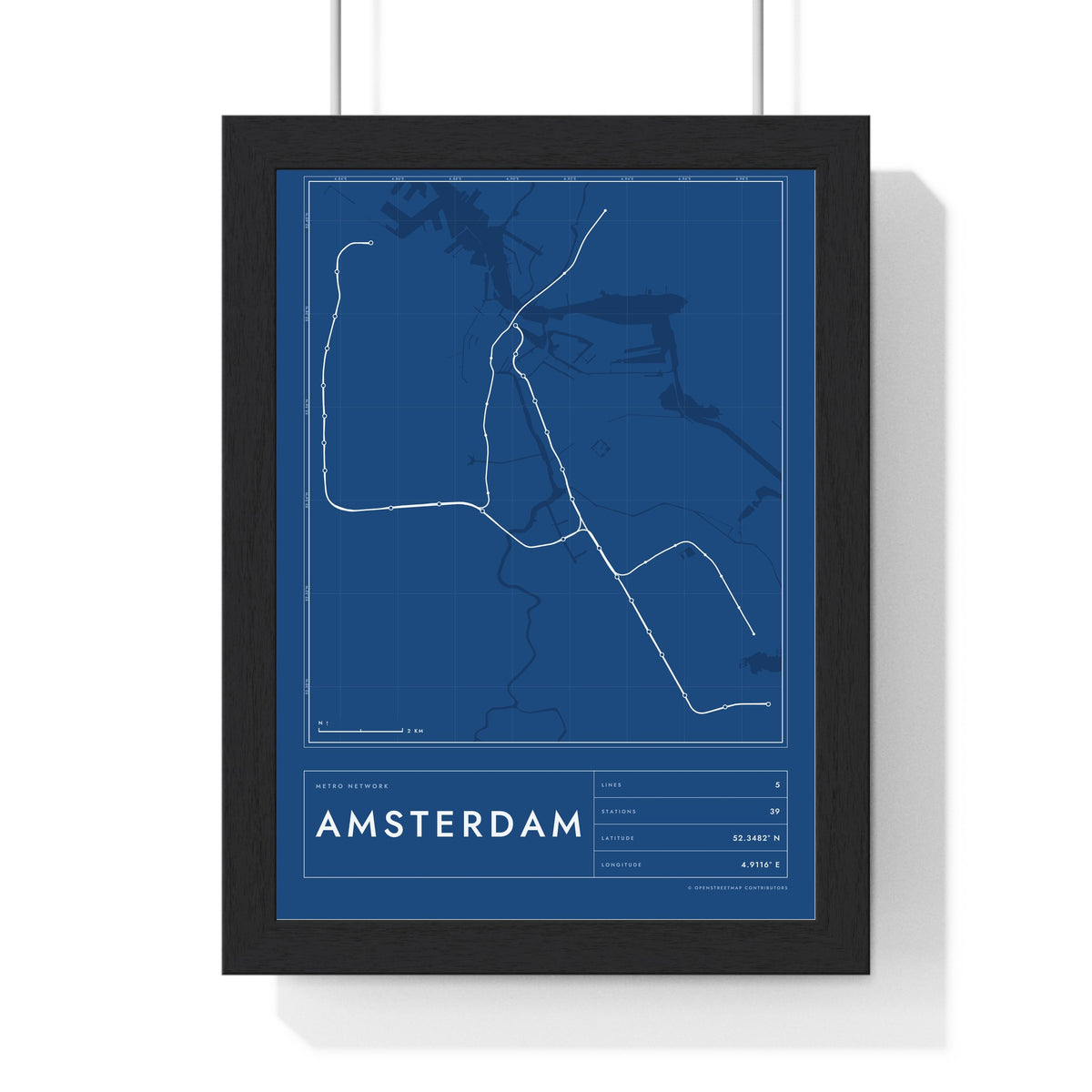 Amsterdam Metro Map Print - framed blueprint style Amsterdam metro map print with grid and scale bar