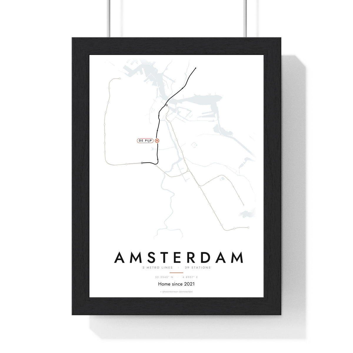Amsterdam Metro Map Print - framed Amsterdam metro map print with a highlighted station and caption