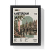 Amsterdam Mid Century Travel print framed in a black frame, ready to hang