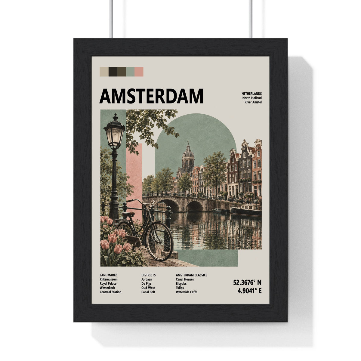 Amsterdam Mid Century Travel print framed in a black frame, ready to hang