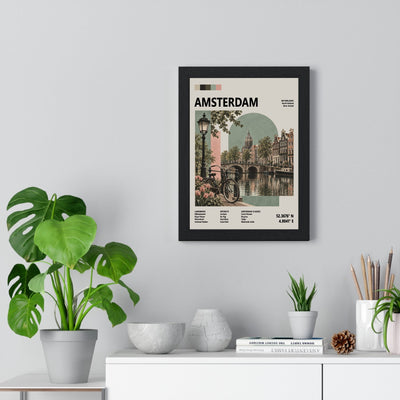 Amsterdam Mid Century Travel print framed on a living room wall