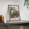 Amsterdam Mid Century Travel print framed and leaning on a sideboard