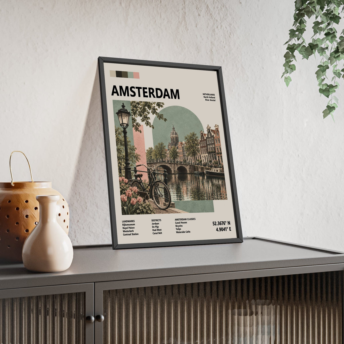 Amsterdam Mid Century Travel print framed and leaning on a sideboard