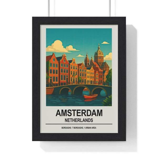Framed Amsterdam vintage travel poster featuring canals, arched bridges and Dutch houses